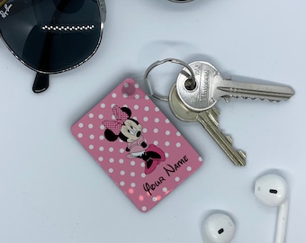 High Gloss Key Ring, Custom Metal Square Keyring, Double Sided Keychain, New Homes or New Car Gift, Disney Cute Minnie Mouse with Name