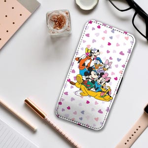 Custodia per telefono con portafoglio e inserti per carte, custodia personalizzata per iPhone e Samsung, Disney Topolino, Minnie, Pippo e Paperino con nome