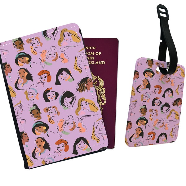 Personalised Faux Leather Passport Cover and Luggage Tag, Travel Accessories Gift, Disney Princess, Gift for her