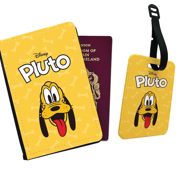 Personalised Stylish Faux Leather Passport Cover & Luggage Tag - Travel Accessories Gift - Disney Micky Mouse's Pet Dog Pluto