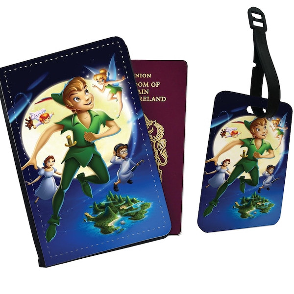 Funda de pasaporte de piel sintética personalizada y elegante y etiqueta para equipaje con su nombre: accesorios de viaje de regalo: Disney Peter Pan
