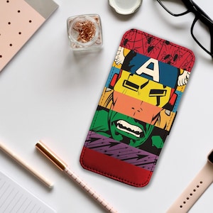 Custodia a portafoglio con inserti per carte di credito, custodia personalizzata per iPhone e Samsung, Marvel Avengers Assemble! Aggiungi il tuo nome
