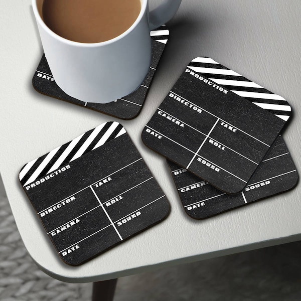 Personalised High Gloss Cup Coasters, Square Drink Coaster, Coffee Coaster, Personalised Gift with Name, Movie Lover, Director's Clapboard