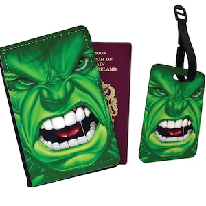 Gepersonaliseerde stijlvolle kunstleren paspoorthoes en bagagelabel - Cadeau reisaccessoires - Marvel Avengers Incredible Hulk