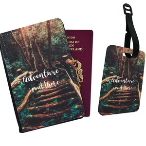 Personalised Faux Leather Passport Cover and Luggage Tag, Travel Accessories Gift, Motivational Travel Quote, Adventure is out there