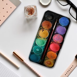 Funda de teléfono personalizada de piel sintética con tarjetero, diseño de acuarelas y dibujos, ideal como regalo para amantes del arte.