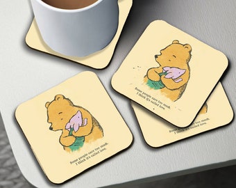 Personalised High Gloss Cup Coasters, Square Drink Coaster, Round Coffee Coaster, Custom Gift, Disney Winnie Pooh, Some People Care Too Much