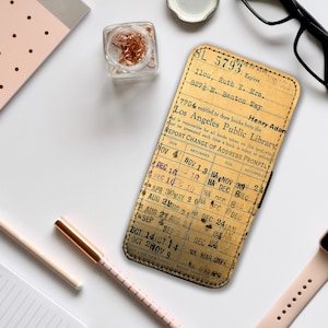 Custodia per telefono con portafoglio e inserti per carte, custodia personalizzata, regalo per amanti dei libri, tessera della biblioteca vintage