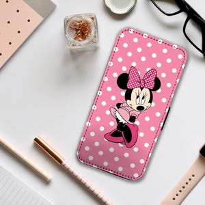 Custodia per telefono con portafoglio e inserti per carte, custodia personalizzata per iPhone e Samsung, con Minnie o Topolino Disney con il tuo nome