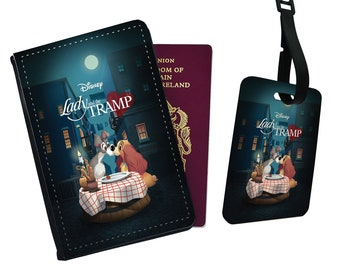 Élégant étui pour passeport et étiquette à bagage en similicuir personnalisé - Cadeau d'accessoires de voyage - Disney La Belle et le Clochard