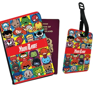 Gepersonaliseerde kunstleren paspoorthoes en bagagelabel met je naam, reisaccessoirecadeau, aangepast reiscadeau, Avengers Comic