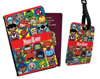 Personalisierte Kunstleder Passhülle und Gepäckanhänger mit Ihrem Namen, Reise-Accessoire-Geschenk, individuelles Reisegeschenk, Avengers Comic