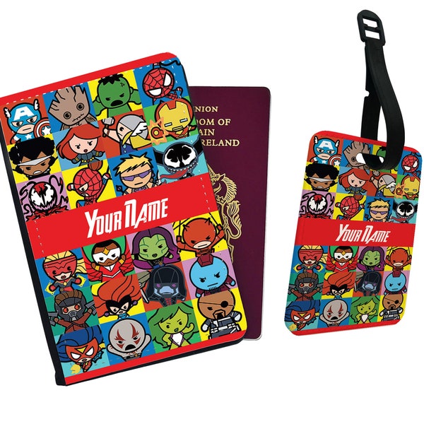 Personalised Faux Leather Passport Cover and Luggage Tag With Your Name, Travel Accessory Gift, Custom Travel Gift, Avengers Comic