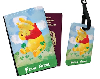 Élégant étui pour passeport et étiquette de bagage en similicuir personnalisé avec votre nom - Cadeau d'accessoires de voyage - Porcelet Bourriquet Winnie l'ourson Disney