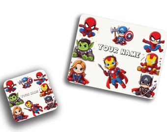 High Gloss Cup Coasters and Table Mat for Kids, Superhero Kids Drawing Placemats and Coasters Set, Gift for Kids, Personalise with your Name