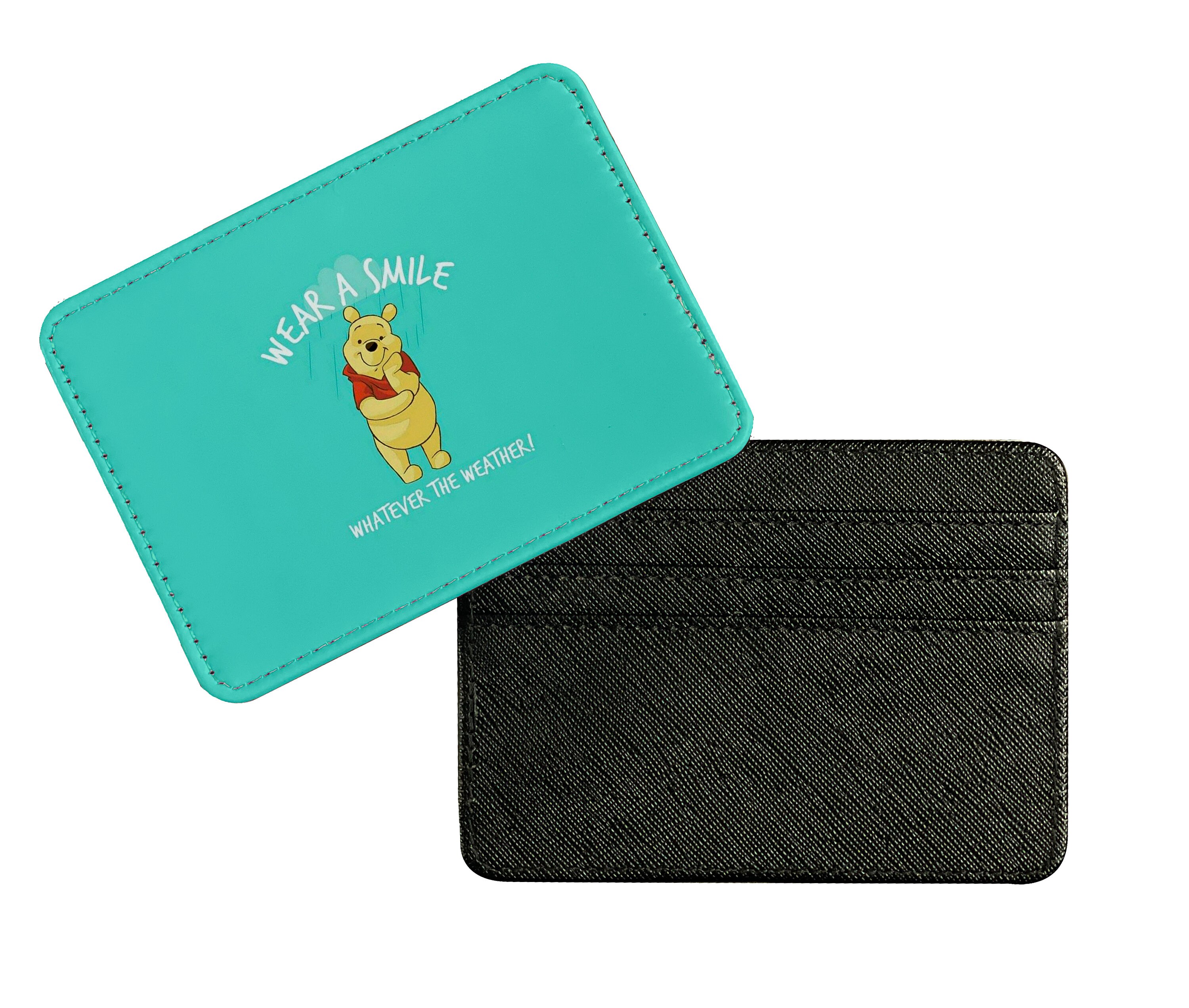 Slim Faux Leather Leather Card Holder, Personalised Credit Card Wallet, Custom Gift for her & him, Disney Winnie Pooh, Wear a Smile!