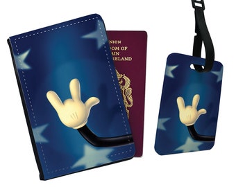 Personalised Stylish Faux Leather Passport Cover & Luggage Tag - Travel Accessories Gift - Disney Rock 'N' Roll Mickey Mouse USA
