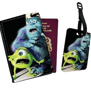 Personalised Faux Leather Passport Cover and Luggage Tag, Travel Accessory Set, Disney Monsters, Holiday Travel Gift