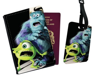 Personalised Faux Leather Passport Cover and Luggage Tag, Travel Accessory Set, Disney Monsters, Holiday Travel Gift