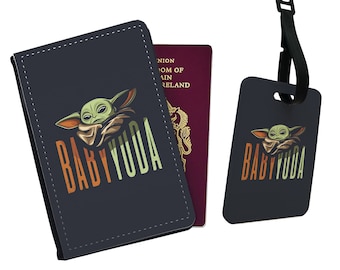 Funda de pasaporte y etiqueta de equipaje de piel sintética personalizadas y elegantes - Regalo de accesorios de viaje - Disney Mandalorian BabyYoda