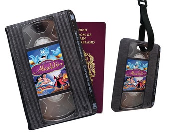 Élégant étui pour passeport et étiquette à bagage en similicuir personnalisé Disney Aladdin et la princesse Jasmine Classic Movie Cassette Genie