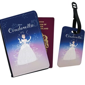 Funda de pasaporte de piel sintética personalizada y etiqueta de equipaje con su nombre, regalo de accesorios de viaje, Cenicienta de Disney, regalo para ella