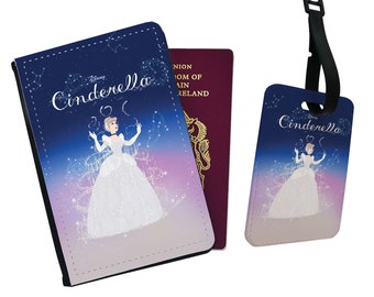 Personalised Faux Leather Passport Cover & Luggage Tag With Your Name, Travel Accessories Gift, Disney Cinderella, Gift for her