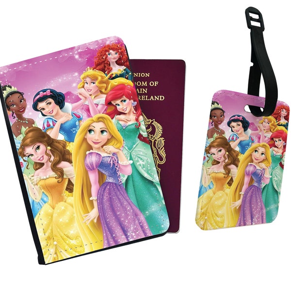 Personalised Faux Leather Passport Cover & Luggage Tag, Travel Accessories Set, Colourful Disney Princess, Gift for her, Custom Travel Gift