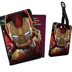 Gepersonaliseerde kunstleren paspoorthoes en bagagelabel, reisaccessoireset, Marvel, Avengers, Ironman, aangepast cadeau met naam