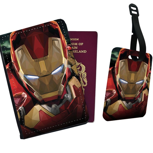 Personalised Faux Leather Passport Cover and Luggage Tag, Travel Accessory Set, Marvel, Avengers, Ironman, Custom Gift with Name