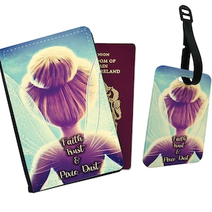 Personalised Stylish Faux Leather Passport Cover & Luggage Tag Disney Peter Pan's Fairy Faith, Trust and Pixie Dust