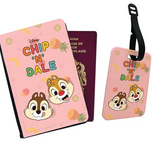 Gepersonaliseerde stijlvolle kunstleren paspoorthoes en bagagelabel - Reisaccessoires cadeau - Disney Chip and Dale Chipmunks