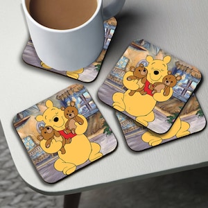 Personalised High Gloss Cup Coasters, Square Drink Coaster, Round Coffee Coaster, Custom Gift with Name, Disney Winnie Pooh and Teddy Bears