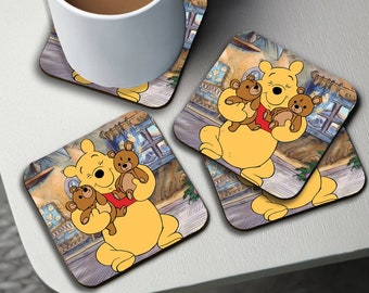 Personalised High Gloss Cup Coasters, Square Drink Coaster, Round Coffee Coaster, Custom Gift with Name, Disney Winnie Pooh and Teddy Bears