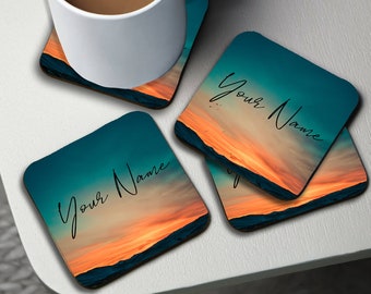 Sottobicchieri per tazze lucidi personalizzati, sottobicchieri quadrati per bevande, sottobicchieri rotondi per caffè, regalo personalizzato con nome, tramonto