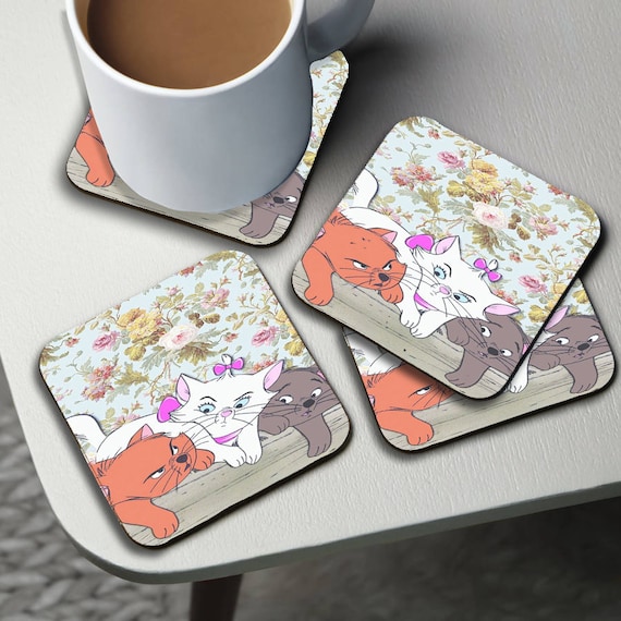 Personalised High Gloss Cup Coasters, Square Drink Coaster, Round Coffee Coaster, Custom Gift with Name, Cute Marie, Disney Aristocats