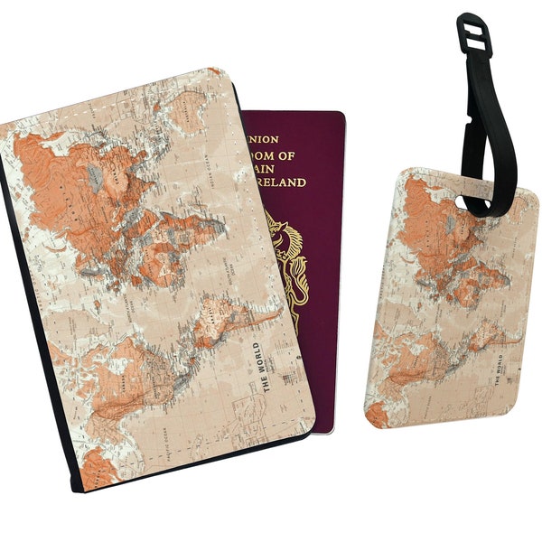 Personalised Stylish Faux Leather Passport Cover & Luggage Tag - Travel Accessories Gift - Vintage Elegant World Map or World Travellers