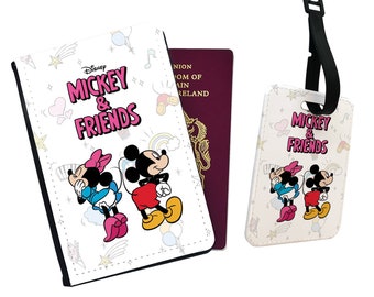 Personalised Stylish Faux Leather Passport Cover & Luggage Tag With Your Name - Disney Love Mickey Mouse Friends