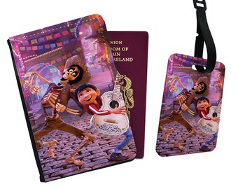 Personalised Faux Leather Passport Cover and Luggage Tag, Travel Accessory Gift, Custom Travel Gift, Disney Coco Miguel