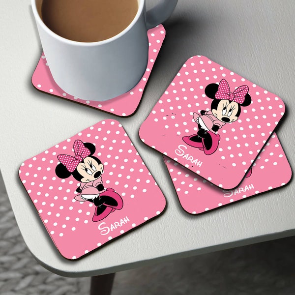 Personalised High Gloss Cup Coasters and Table Mat, Placemats and Coasters Set, Custom Table Placemats, Gift for her, Disney Minnie Mouse