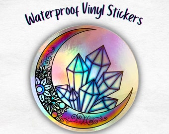 Moon and Crystal Cluster Holographic Rainbow Mandala Vinyl Waterproof Sticker