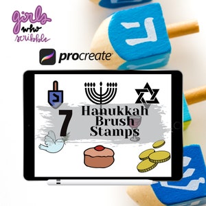 Puede incluir: Una ilustración digital de siete sellos de pincel de Hanukkah para Procreate. Los sellos incluyen una dreidel, una menorá, una estrella de David, una paloma, sufganiyot, una copa de vino y gelt.