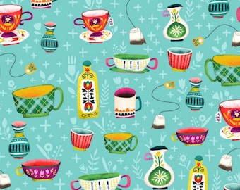 Tea Lovers Tea Cups Positivi-Tea Fabric in Aqua by Michael Miller