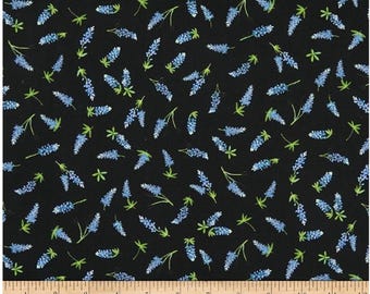 Bluebonnet Fabric: Texas Wildflower Print, Black Cotton by Robert Kaufman