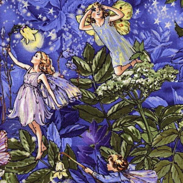 Lavender Purple Night Flower Fairies with Silver Fairy Dust Metallic Accents Fabric by Michael Miller