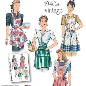 May include: A vintage sewing pattern for four different apron styles. The pattern is from the 1940s and features illustrations of women wearing the aprons. The pattern is labeled "Simplicity 1221 1940s Vintage".