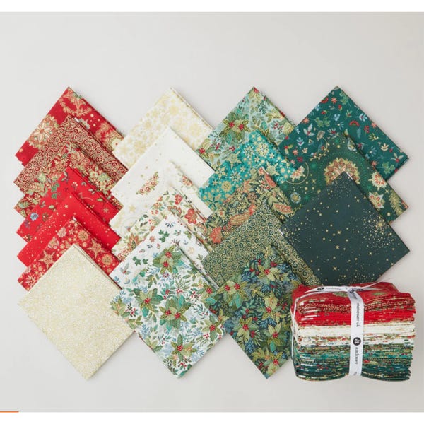 Good Tidings Gold Metallic Christmas 21 Piece Fat Quarter Bundle by Makower UK Fabrics