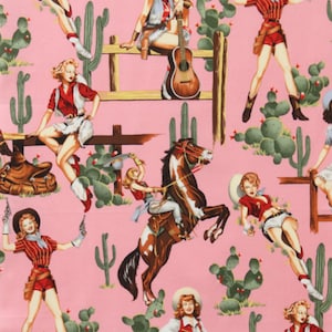 DISCONTINUED Alexander Henry  From The Hip Pin up Cowgirl Vintage Mid Century Western Cotton Fabric In Blue Pink Black Red and Natural