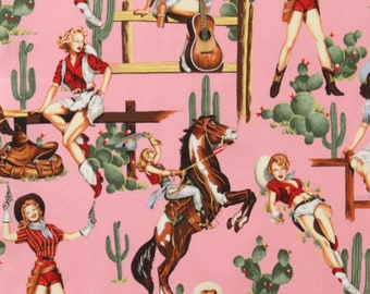 DISCONTINUED Alexander Henry  From The Hip Pin up Cowgirl Vintage Mid Century Western Cotton Fabric In Blue Pink Black Red and Natural