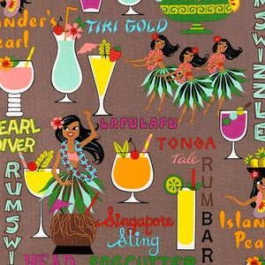 DISCONTINUED Alexander Henry Retro Style Hawaiian Hula Tiki and Cocktail Fabric Rum Swizzle in Burlap or White Background